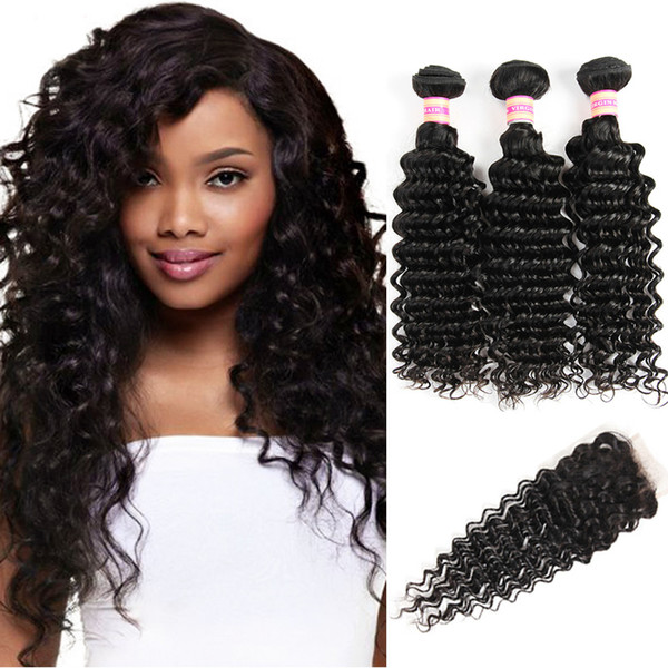 Malaysian Virgin Hair Deep Wave 3 4 Bundles With Closure 9A Unprocessed Kinky Curly Human Hair Extensions