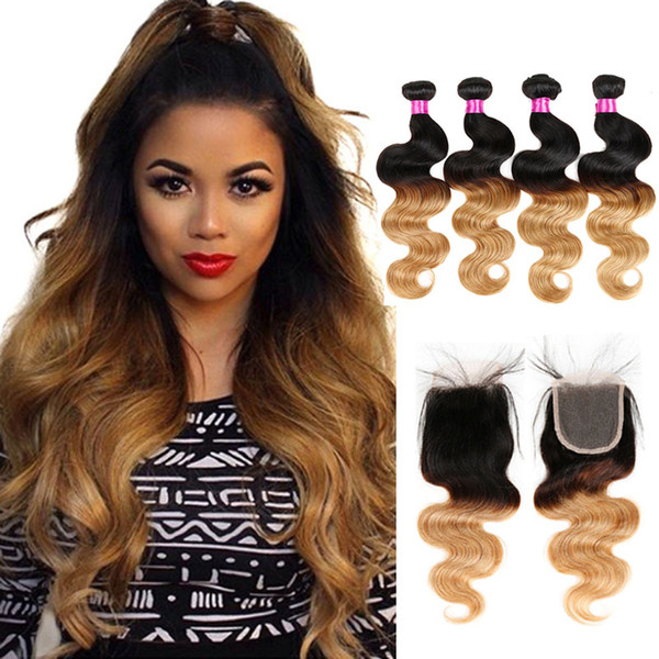 Peruvian Indian Malaysian Brazilian Virgin Hair Body Wave Ombre Hair Bundles With Closure Blonde Lace Closure With Bundles