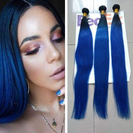 1B Blue Dark Root Ombre Virgin Indian Human Hair 3 Bundles Two Tone Hair Weaves Blue Ombre Straight Hair