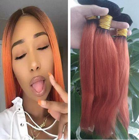 1B Orange Hair Extensions Ombre Color Straight Human Hair Weaves Hair Bundles 1B 350 3pcs lot