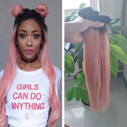 Dark Root Ombre Pink Hair Bundles Brazilian Silky Straight 1B Pink Hair Weft Weaves 