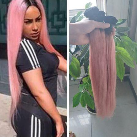 Black and Pink Ombre Hair Extensions 3 Bundles Two Tone Pink Straight Hair Weaves Weft Unprocessed