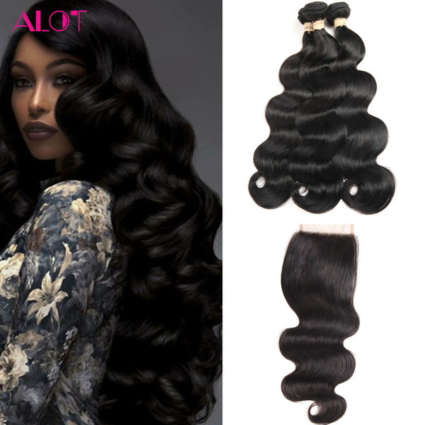 Peruvian Virgin Hair 3 Bundles with 4x4 Lace Closure Body Wave Hair Weaves 100% Unprocessed Peruvian Human Hair with Closure