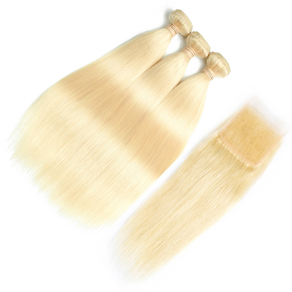 613 Blonde Straight Hair Bundles With Lace Closure Free Part Honey Blonde Brazilian Virgin Hair Weave 9A Blonde Human Hair