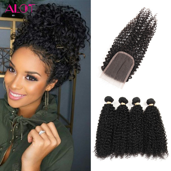 Brazilian Virgin Hair Kinky Curly 4 Bundles with Closure Unprocessed Peruvian Malaysian Human Hair Weave Kinky Curly Brazilian Hair Bundles