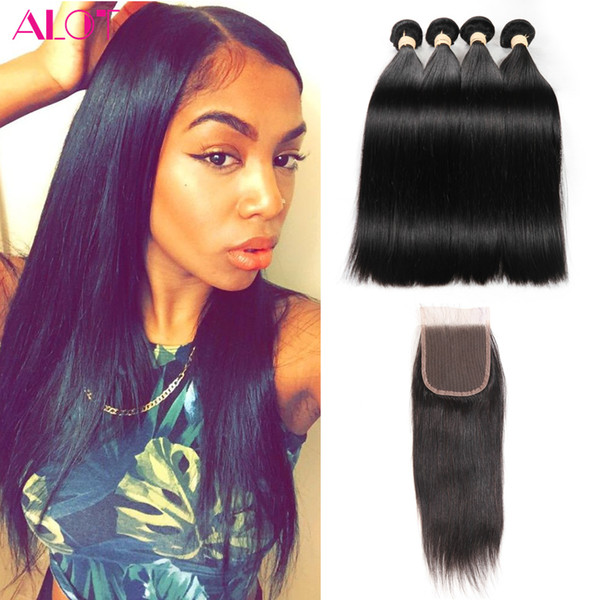 Peruvian Hair Bundles 4Pcs Straight Virgin Hair with Closure 4x4 Natural Color 100% Unprossced Peruvian Human Hair Lace Closure