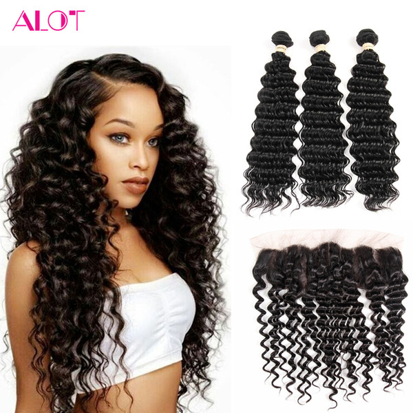 Deep Wave Brazilian Virgin Hair Bundles with 13*4 Lace Frontal Closure Natural Color Deep Wave Hair 4 Bundles with Frontal