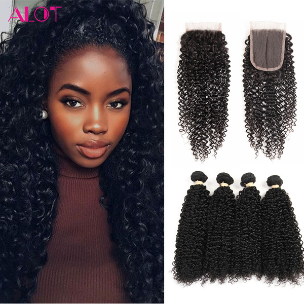 Brazilian Virgin Kinky Curly Hair 4 Bundles with Closure Unprocessed Peruvian Malaysian Human Hair Weave Kinky Curly Hair Lace Closure