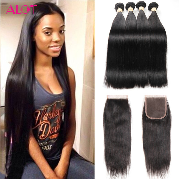 Brazilian Hair Bundles with Closure Grade 8A Virgin Straight Hair 4 Bundles with 4x4 Lace Closure Unprocessed Human Hair Extensions