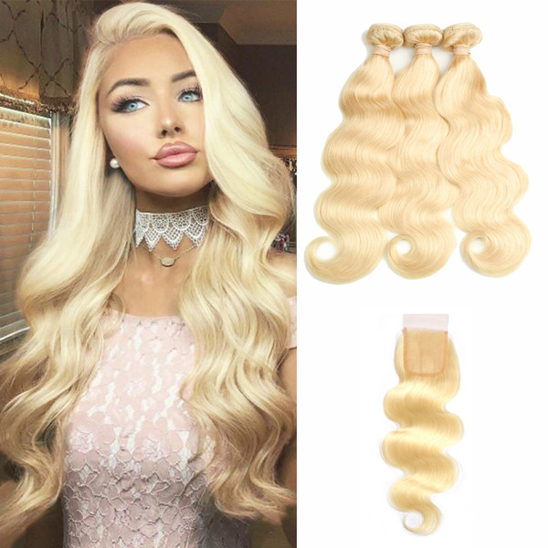 613 Blonde Hair Body Wave Bundles With Lace Closure Free Part Honey Blonde Brazilian Hair Weave 9A Blonde Human Hair