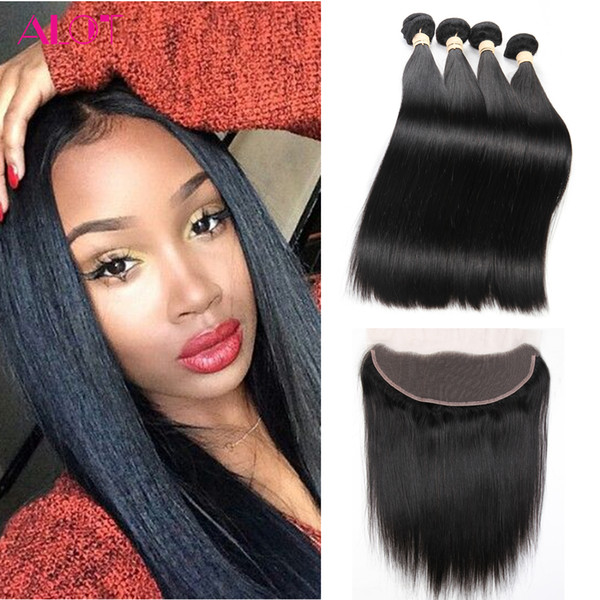 Peruvian Straight Hair Bundles silky Lace Frontal with Bundles 100% Human Virgin Peruvian Hair 4 Bundles With 13x4 Lace Frontal