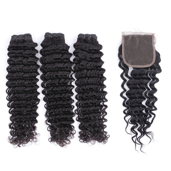 Peruvian Human Hair Bundles with Closure Deep Wave 3 Bundles with 4*4 Closure 100% Unprocessed Virgin Hair Lace Closure