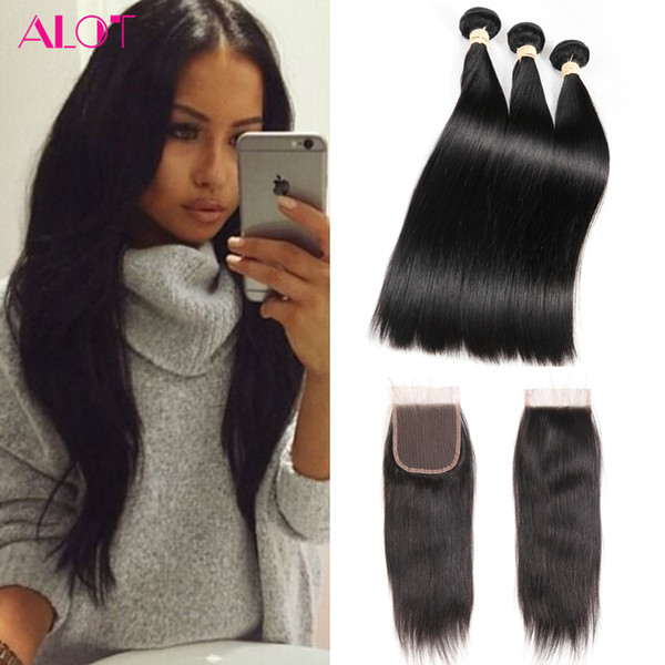 Brazilian Virgin Human Hair Bundles with Lace Closure Straight Hair 3 Bundles with 4*4 Lace Closure Unprocessed Free Middle 3Part