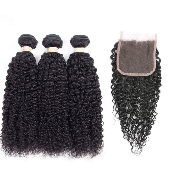 Peruvian Human Hair Bundles with Closure Kinky Curly Hair 3 Bundles with 4x4 Closure 100% Unprocessed Virgin Human Hair Lace Closure