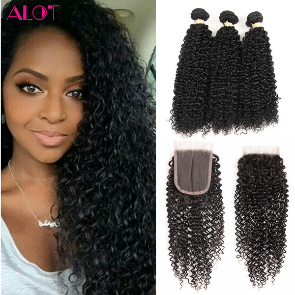 Peruvian Human Hair Bundles with Closure Kinky Curly Hair 3 Bundles with 4x4 Closure 100% Unprocessed Remy Human Hair Lace Closure