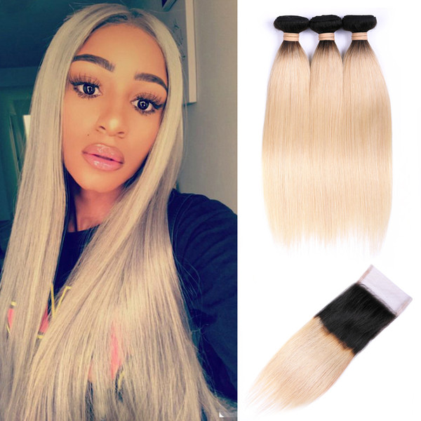 1B/613 Blonde Hair Straight Bundles With Lace Closure Honey Blonde Brazilian Hair Weave 9A Blonde Human Hair Alot