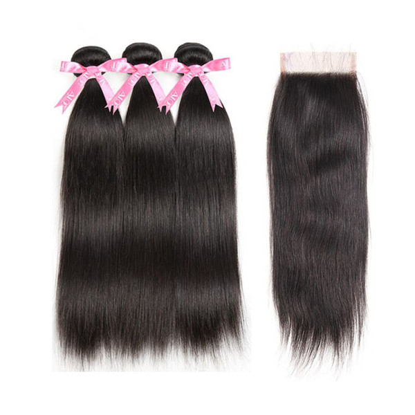 ALOT 100% Human Hair Brazilian Straight Human Hair Waving 3 Bundles With Closure 4x4 Free Part Natural Color Virgin Hair 4 Pcs/Lot