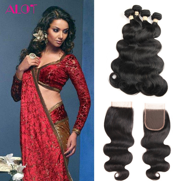 Indian Virgin Hair Bundels with Closure Body Wave Human Hair 4 Bundles With 4*4 Lace Closure Unprocessed Virgin Human Hiar Extensions