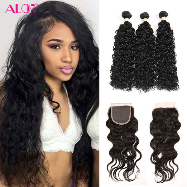 Peruvian Human Hair Bundles with Closure Water Wave 3 Bundles with 4*4 Closure 100% Unprocessed Virgin Human Hair Lace Closure