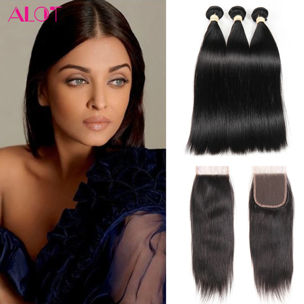 Indian Virgin Hair Bundles Straight Hair Brazilian Indian Peruvian Malaysian Human Hair 3 Bundles With 4x4 Lace Closure Free Middle 3Part