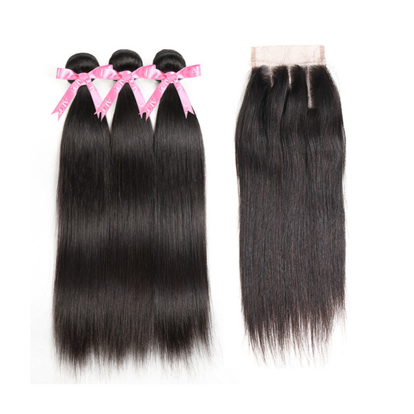 Alot Brazilian Straight Hair Weave Natural Color Virgin Hair Extention Three Part 100% Human Hair 3 Bundles With Closure