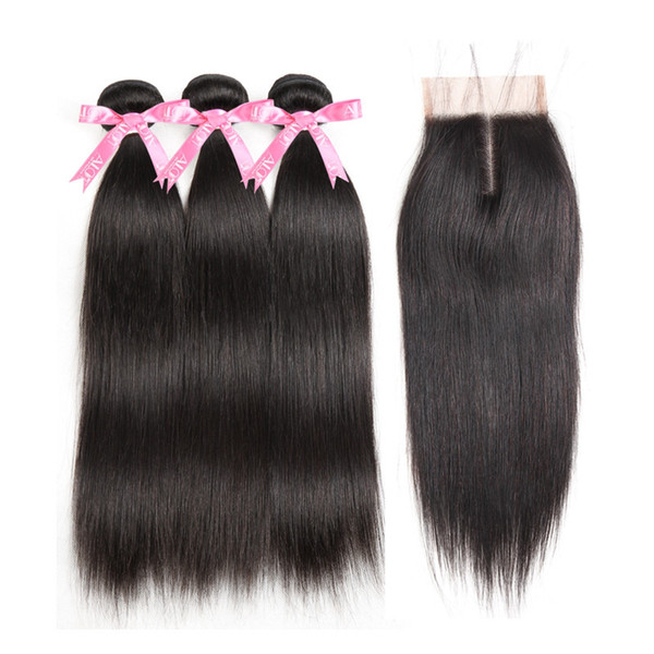 Alot Hair Brazilian Straight Human Hair Bundles With Lace Closure Middle Part Natural Black 3 Bundles Hair Weaves