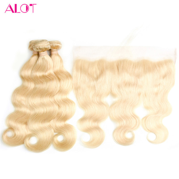 Brazilian Blonde Bundles with Frontal Color 613 Body Wave Human Hair Ear to Ear 13*4 Transparent Lace Frontal Closure with 3 Bundles