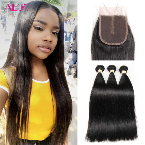 Brazilian Straight 3 Extension Bundles With Lace Closure Unprocessed Peruvian Malaysian Indian Virgin Human Hair Wefts Cheap Human Hair