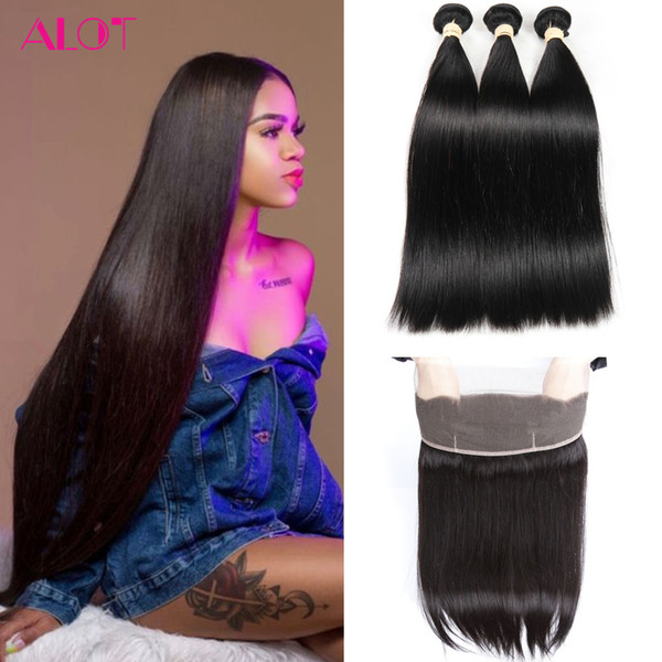 Brazilian Human Hair Bundles Straight Hair Weave 360 Lace Frontal with Bundles 3Pcs 100% Unprossced Natural Color Virgin Hair Extensions