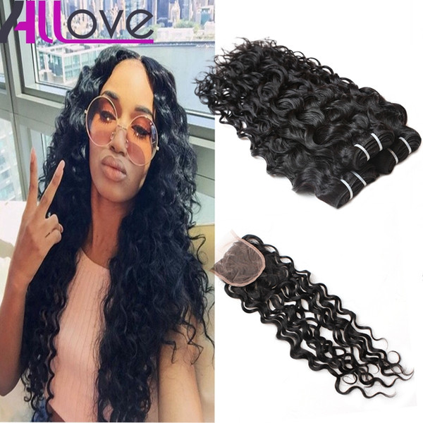 Cheap Brazilian Human Hair Bundles With Lace Closure 4*4 Water Wave Peruvian Hair Deep Wave Loose Wave Virgin Hair Extensions Deep Curly