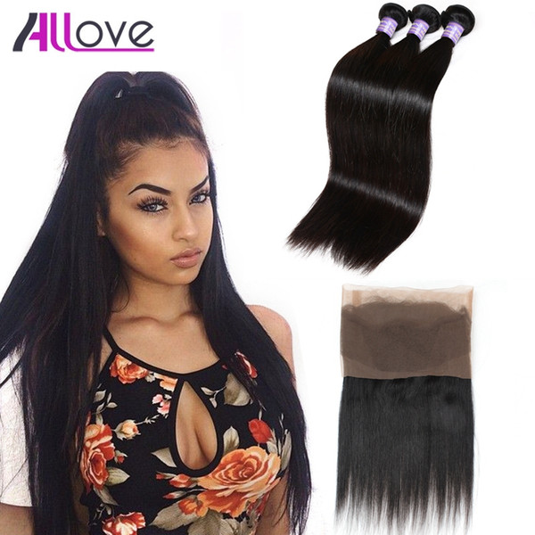 Brazilian Straight Hair Weaves With Closure Pre-Plucked 360 Lace Frontal Closure With Bady Hair With 3Bundles Virgin Human Hair Extensions