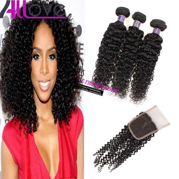 Cheap 8A Brazilian Hair Wefts Kinky Curly 3pcs with Lace Closure Good Malaysian Virgin Hair Bundles Peruvian Hair Extensions Wholesale