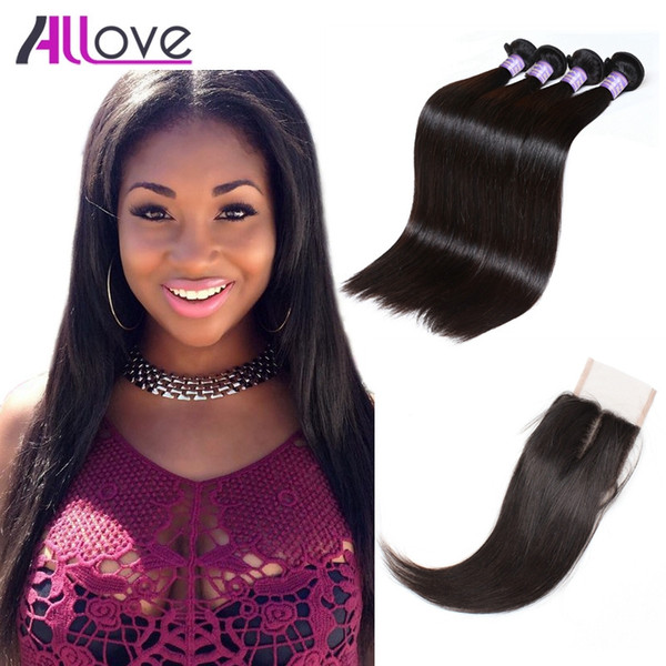 Cheap 8A Peruvian Virgin Hair Extensions Straight 4PCS With 4x4 Lace Closure Brazilian Hair Bundles With Closure Wholesale 