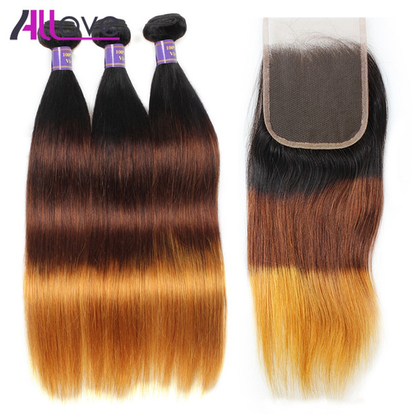 10A Allove Straight T1b/4/27 Peruvian Virgin Hair Extension Brazilian Hair Weaves Malaysian Human Hair Extensions 3Pcs Bundles &Closure