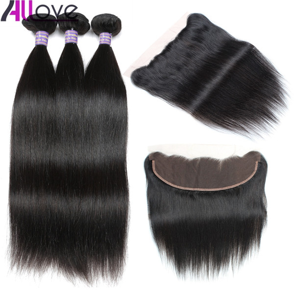 Allove 10A Brazilian Human Hair Extensions with Lace Frontal Closure Straight 3Bundles With Closure Peruvian Human Hair Weave Wholesale