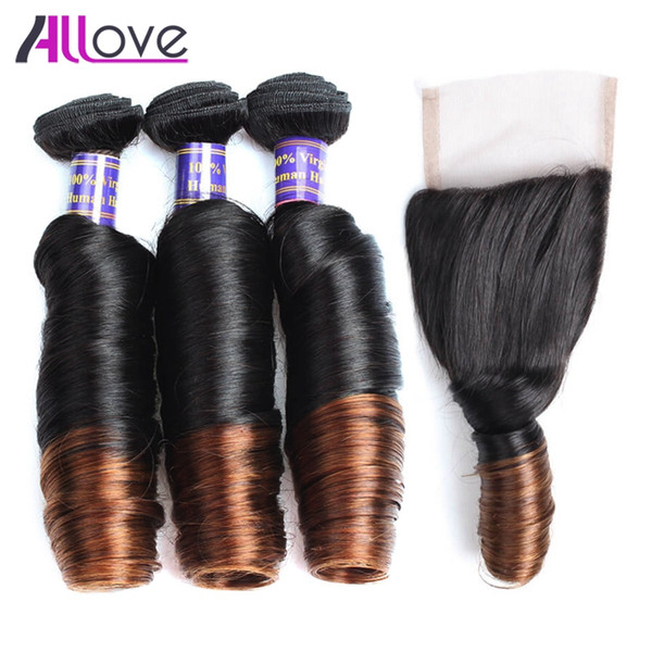 10A Brazilian Spring Curl Ombre T1B/4 3Bundles With Closure Peruvian Virgin Hair Malaysian Spring Curl Indian Human Hair Bundles Weaves