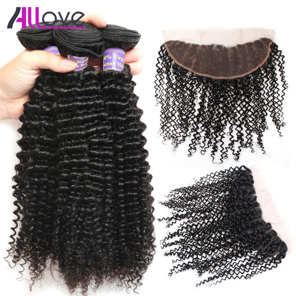 Allove 10A Brazilian Human Hair Extensions with Lace Frontal Closure Kinky Curly 3Bundles With Closure Peruvian Human Hair Weave Wholesale