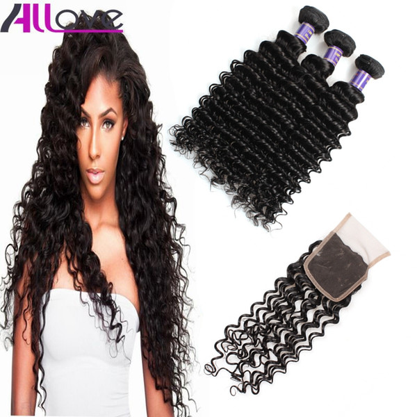 Cheap 8A Brazilian Hair Weft Deep Wave 3pcs with Lace Closure Malaysian Virgin Hair Peruvian Indian Hair Extensions Wholesale 