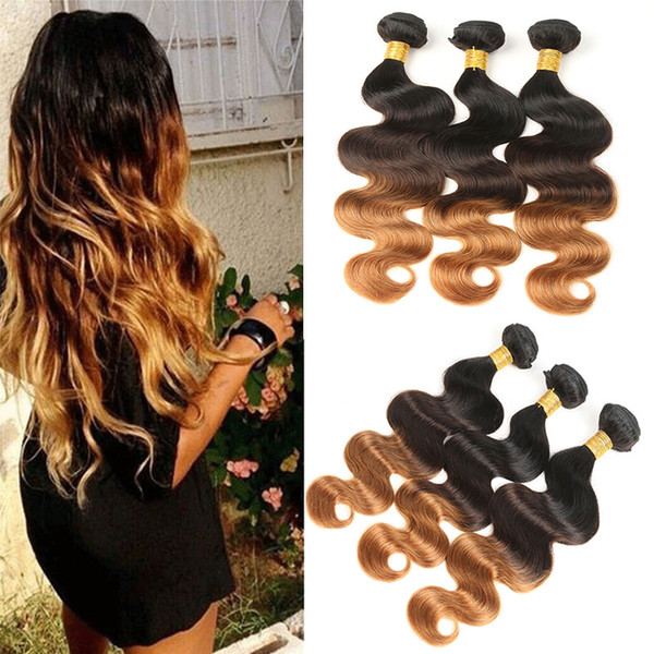 3 Bundles 300g Peruvian Ombre Real Body Wave Weft 100% Human Hair Extensions T1B/4/30 