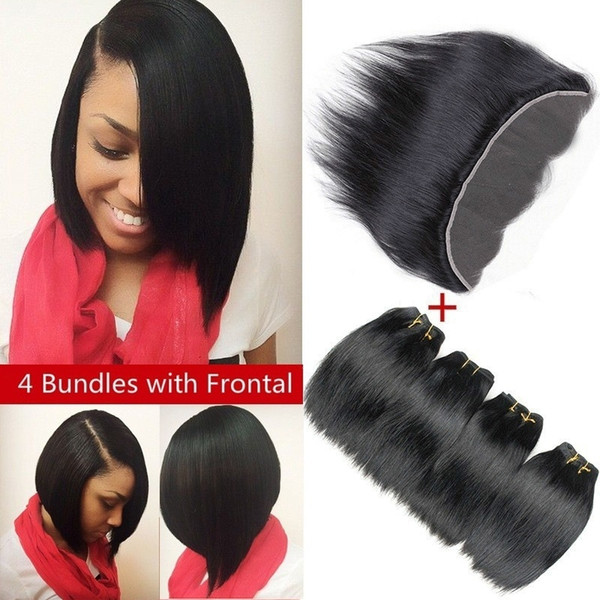 Straight Hair Bundles with Frontal Grade 9 a Peruvian Virgin Hair Unprocessed Human Hair Extensions 13*4 Lace Closure with 4 Bundles 50g