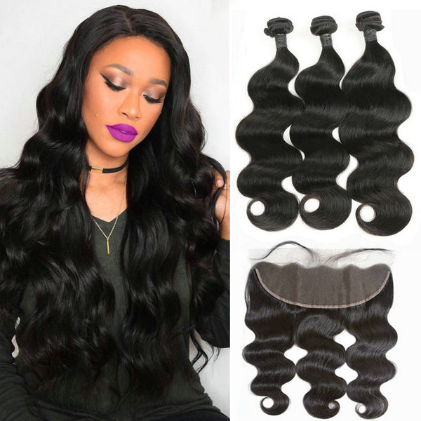 Brazilian Body Wave 3 Bundles with Lace Frontal Closure Ear to Ear 100% Unprocessed Virgin Human Hair Bundles With Frontal 100g