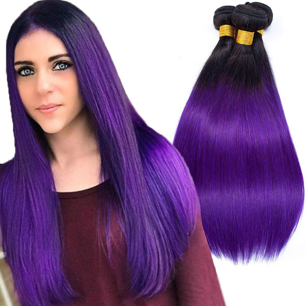 Pre-Colored Ombre Indian Straight Bundles T1B/Purple Hair 100% Virgin Remy Hair Weave 10