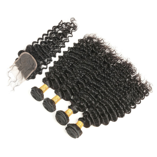 Peruvian Deep Wave Curly Hair Bundles with Lace Closure Virgin Hair Extensions Human Hair Weave with Closure Natural Color 