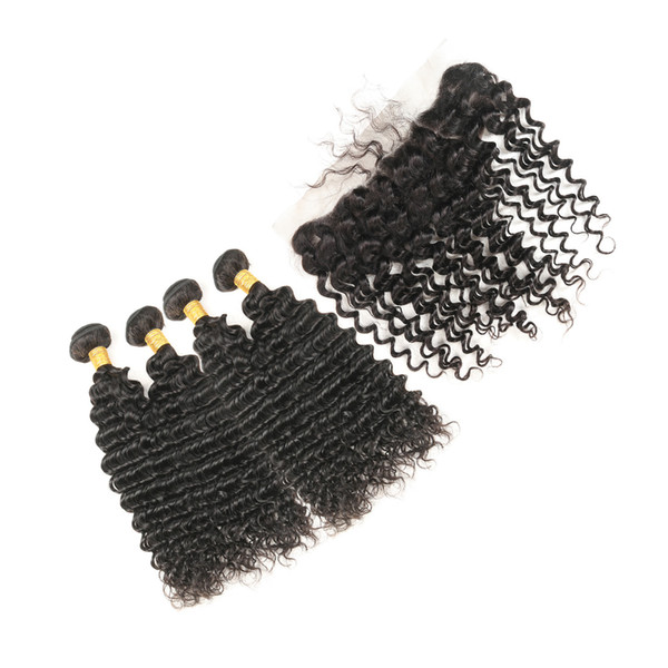 Deep Wave Remy Human Hair 4 Bundles With 13*4 Lace Frontal 1B# Color For Hair Malaysian Human Hair Extensions 