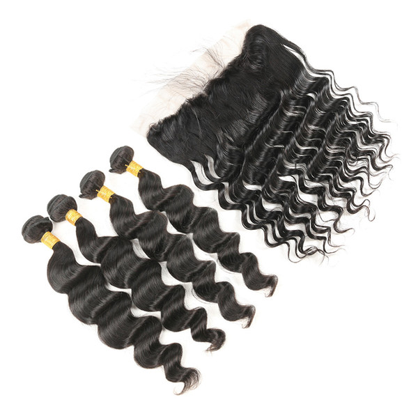 Peruvian Loose Wave 4 Bundles With Frontal Closure Remy Human Hair Weave Extension Pre Plucked Lace Frontal With Bundles 