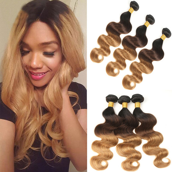 Brazilian Hair 3 bundels #1b/4/27 Color Ombre Body Wave Human Hair Weave Bundles Mixed Length 100g 