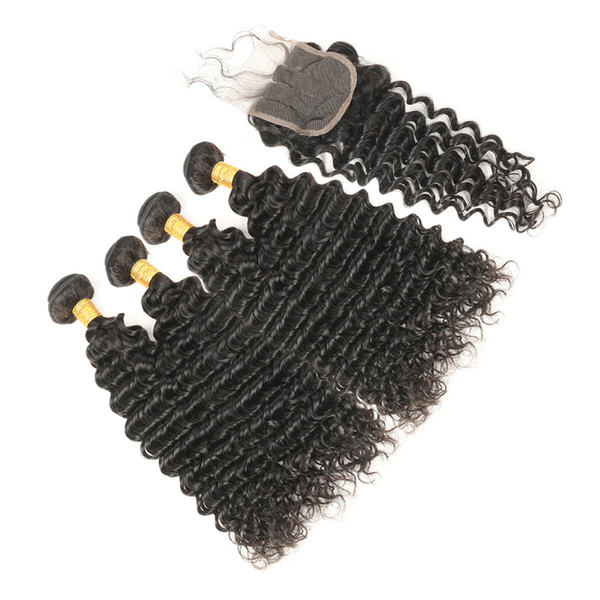 Indian Deep Wave Hair 4 Bundles With Closure Unprocessed Virgin Deep Wave Curly Human Hair Weave Extensions With Lace Closure 