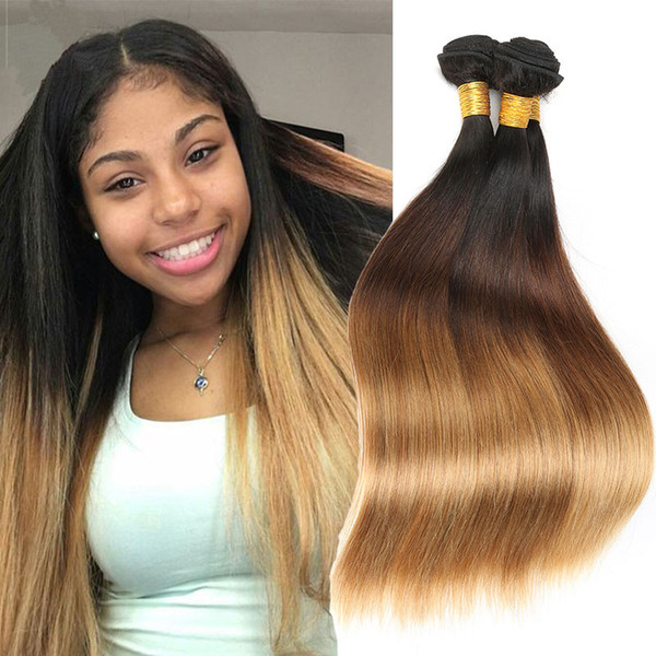 Ombre Human Hair 3Bundles Straight 8A Unprocessed Virgin Human Hair Extensions Straight Human Hair Weave Bundles 1B-4-27 Color