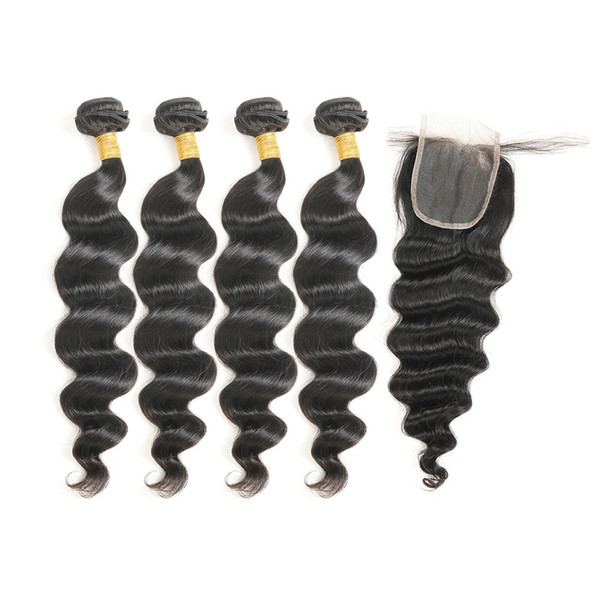 Peruvian Loose Wave Virgin Hair 4 Bundles with Closure 100% Unprocessed Human Hair Weave Bundles with 4X4 Lace Closure 