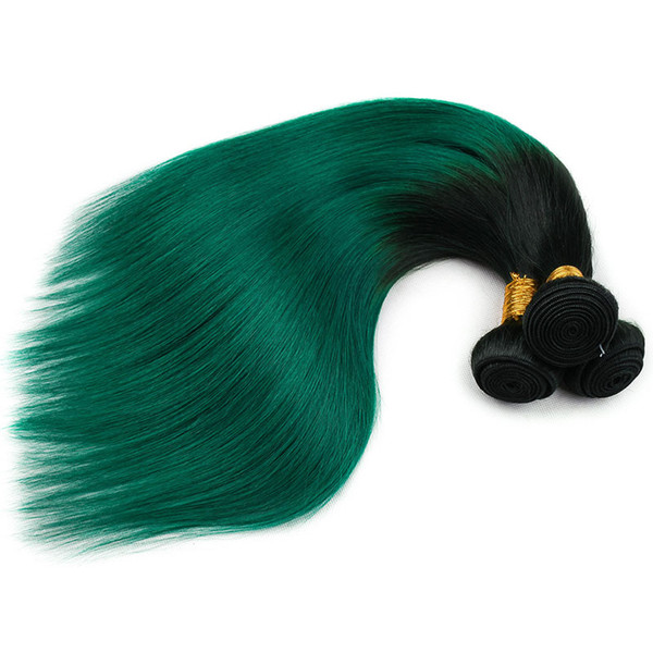 Pre-Colored Green Ombre Peruvian Hair Bundles T1B/Turquoise Dark Roots Green Silky 3 Bundles Straight Human Hair Weave 10